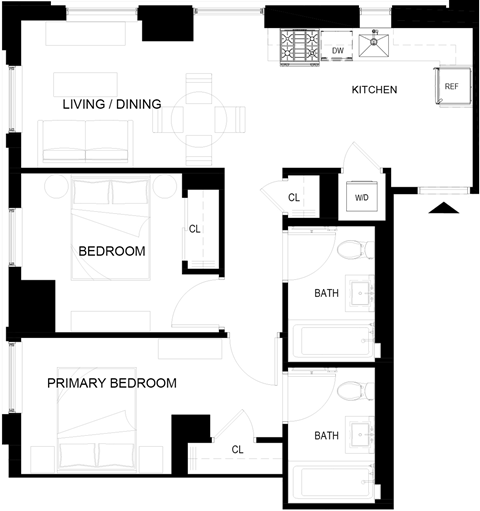 Floor plan for 2 beds, 2 baths, 707 sqft